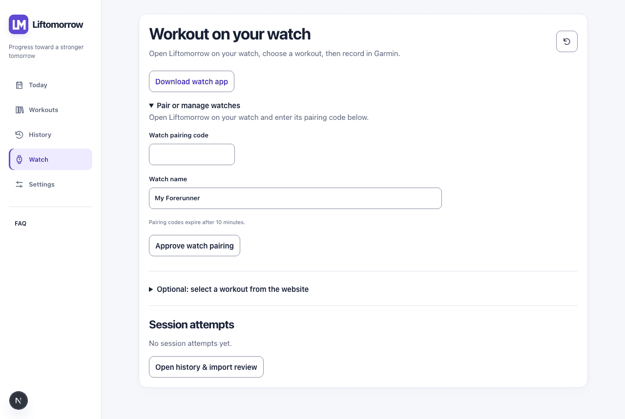 Watch workout screen with a pairing form for entering the watch's pairing code and name.